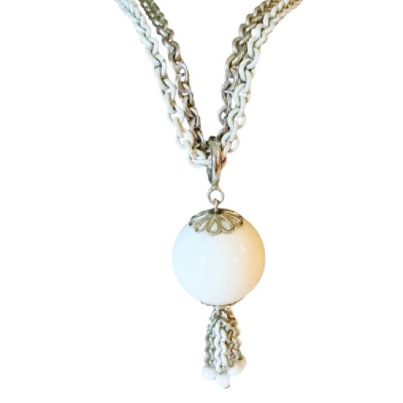Emmons White & Silver Tasseled Sno-Ball Choker Necklace - Picture 4 of 14